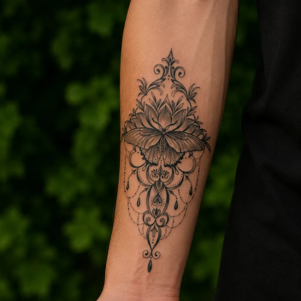 SafeTatt — Ornate Moth · fotografie tetování na kůži