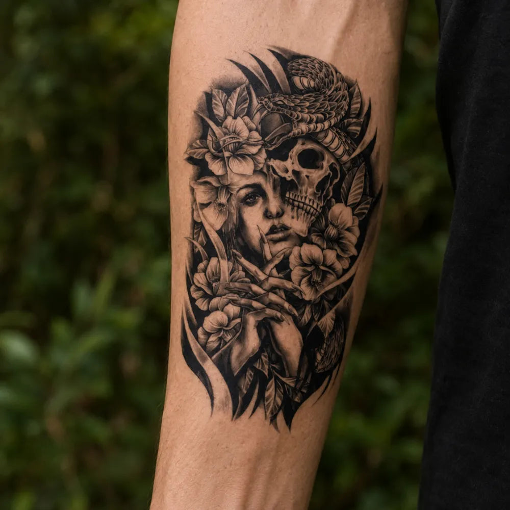 SafeTatt — Floral Death · fotografie tetování na kůži
